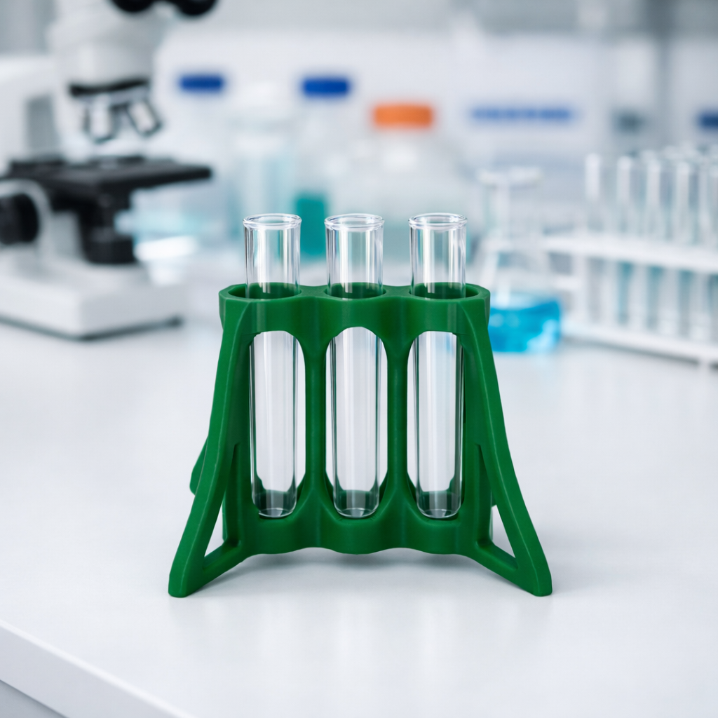12 mm Test Tube base printed by 3DR-I, green four-leg structure for stability in labs