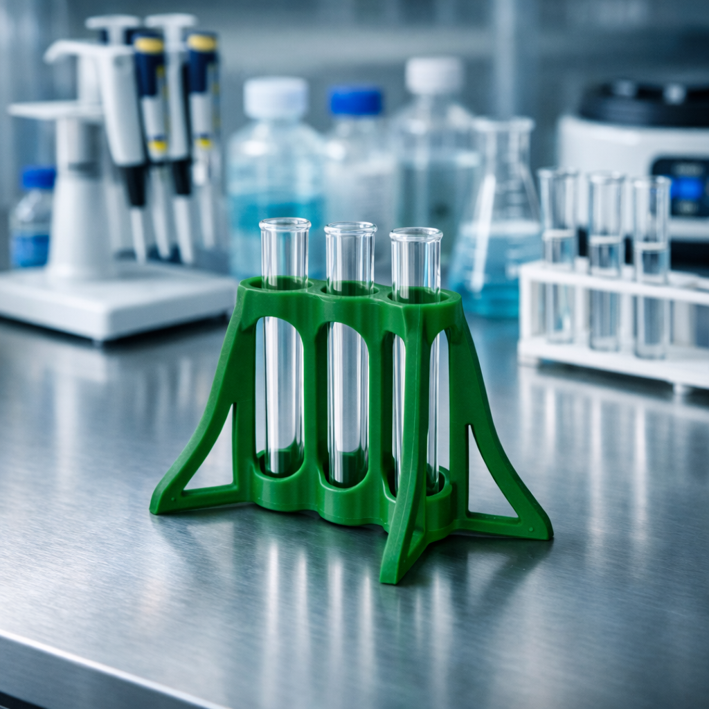 12 mm Test Tube base printed by 3DR-I, green four-leg structure for stability in labs