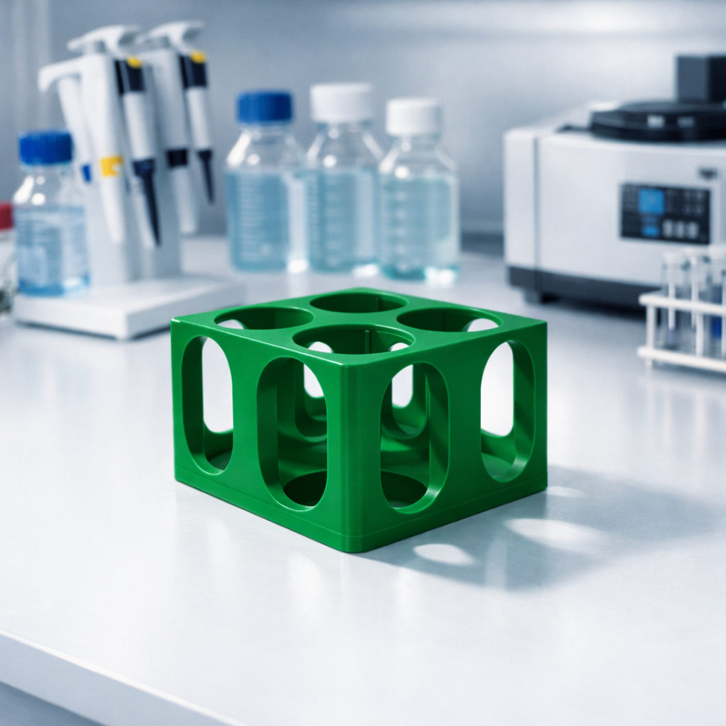 Green 3D-printed Bottle Rack for Lab by 3DR-I, front three-quarter view