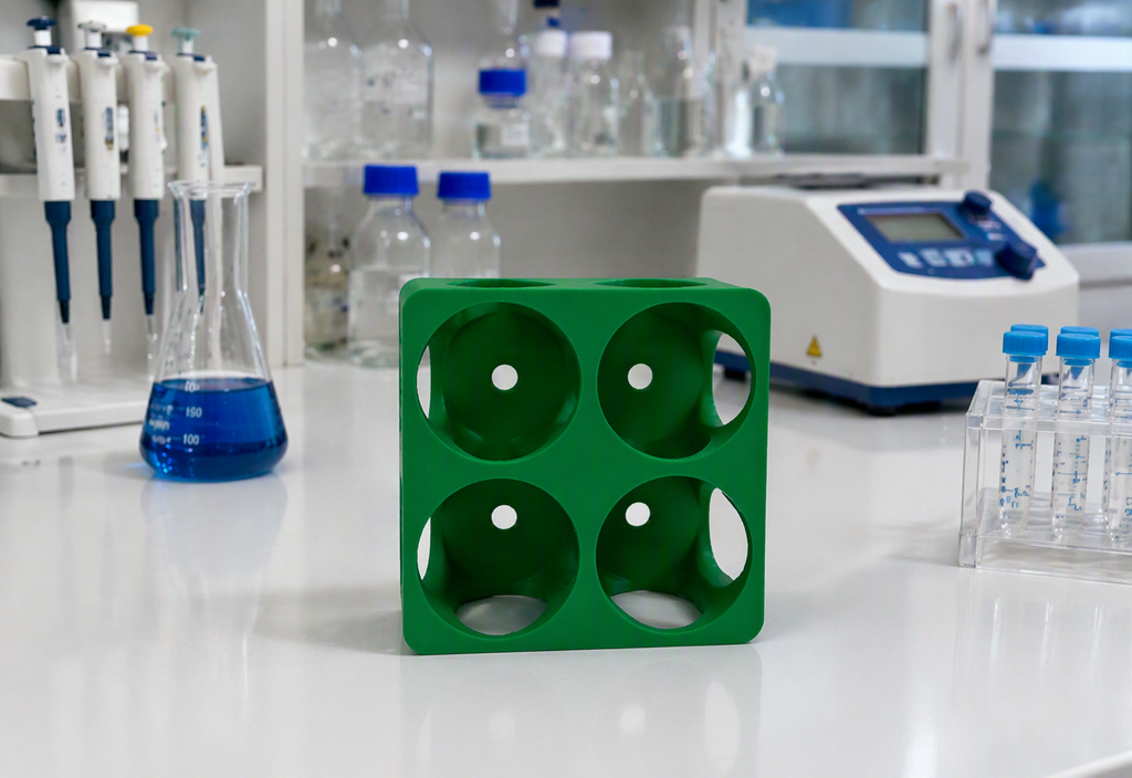 Green 3D-printed Bottle Rack for Lab by 3DR-I, front three-quarter view