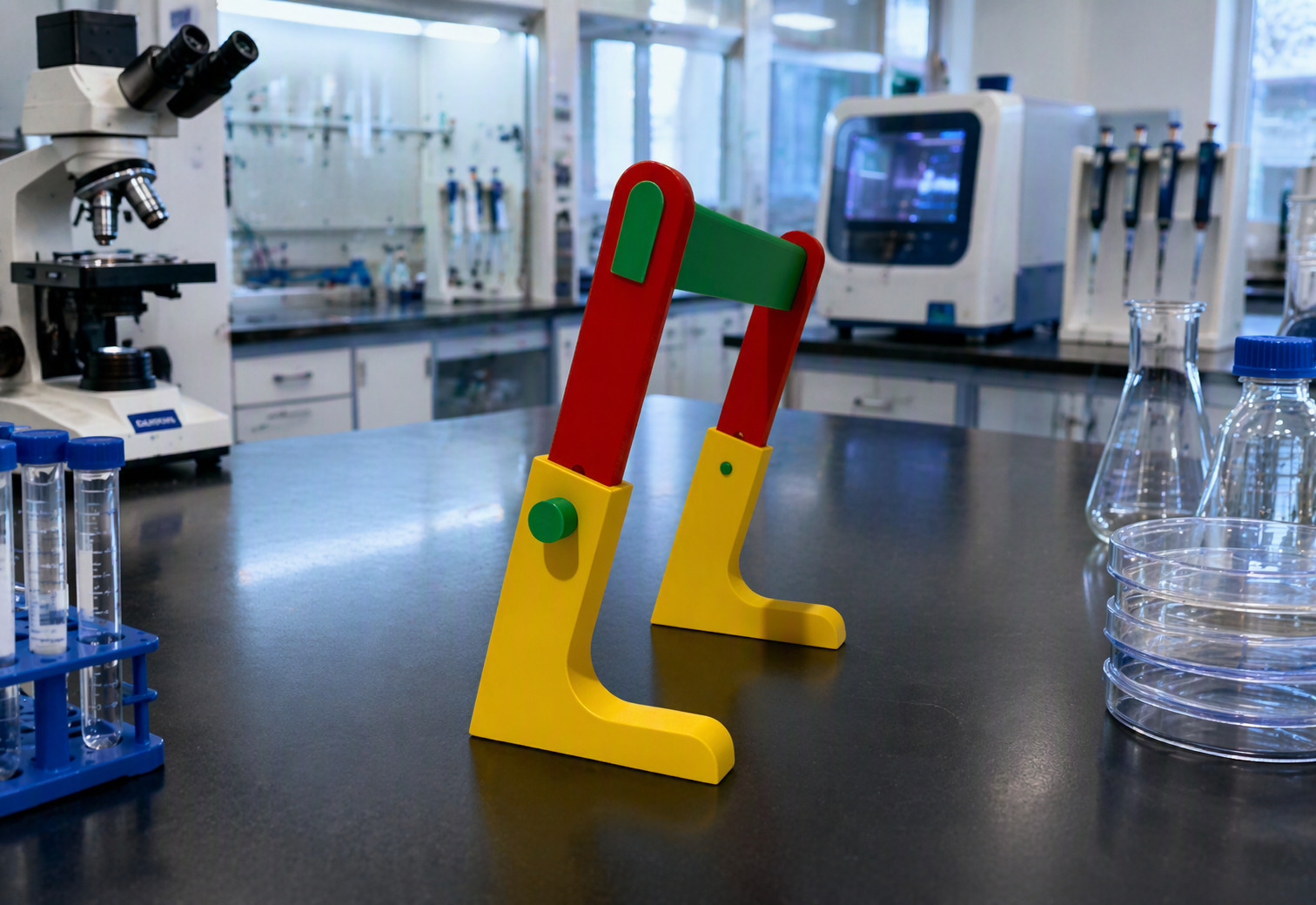 Height-Adjustable Pipette Stand in red and yellow, designed for storing single-channel and multi-channel pipettes.