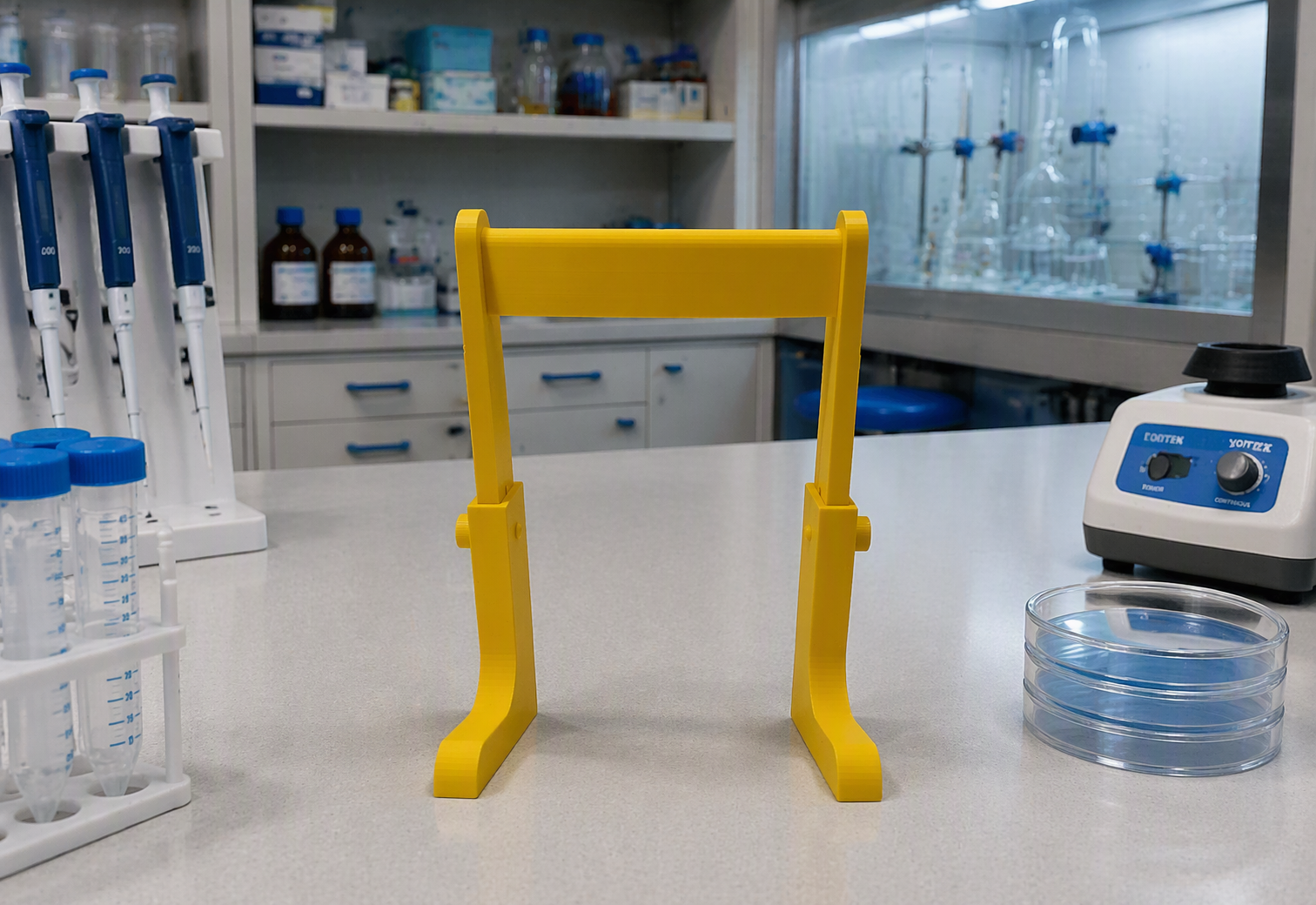 Height-Adjustable Pipette Stand in red and yellow, designed for storing single-channel and multi-channel pipettes.